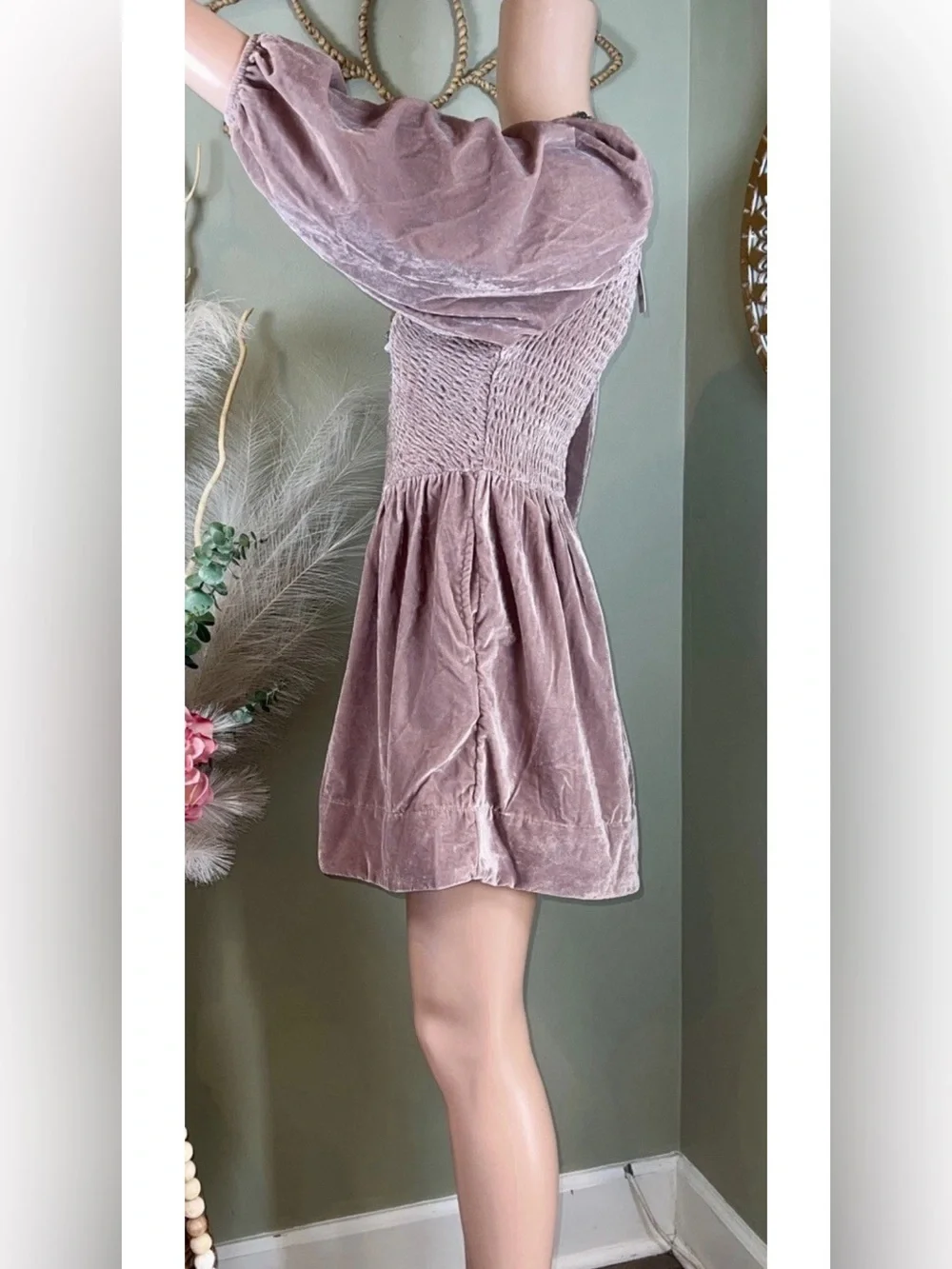 NWT Free People Farrier Velvet Smocked Mini Dress Pink/Mauve XS